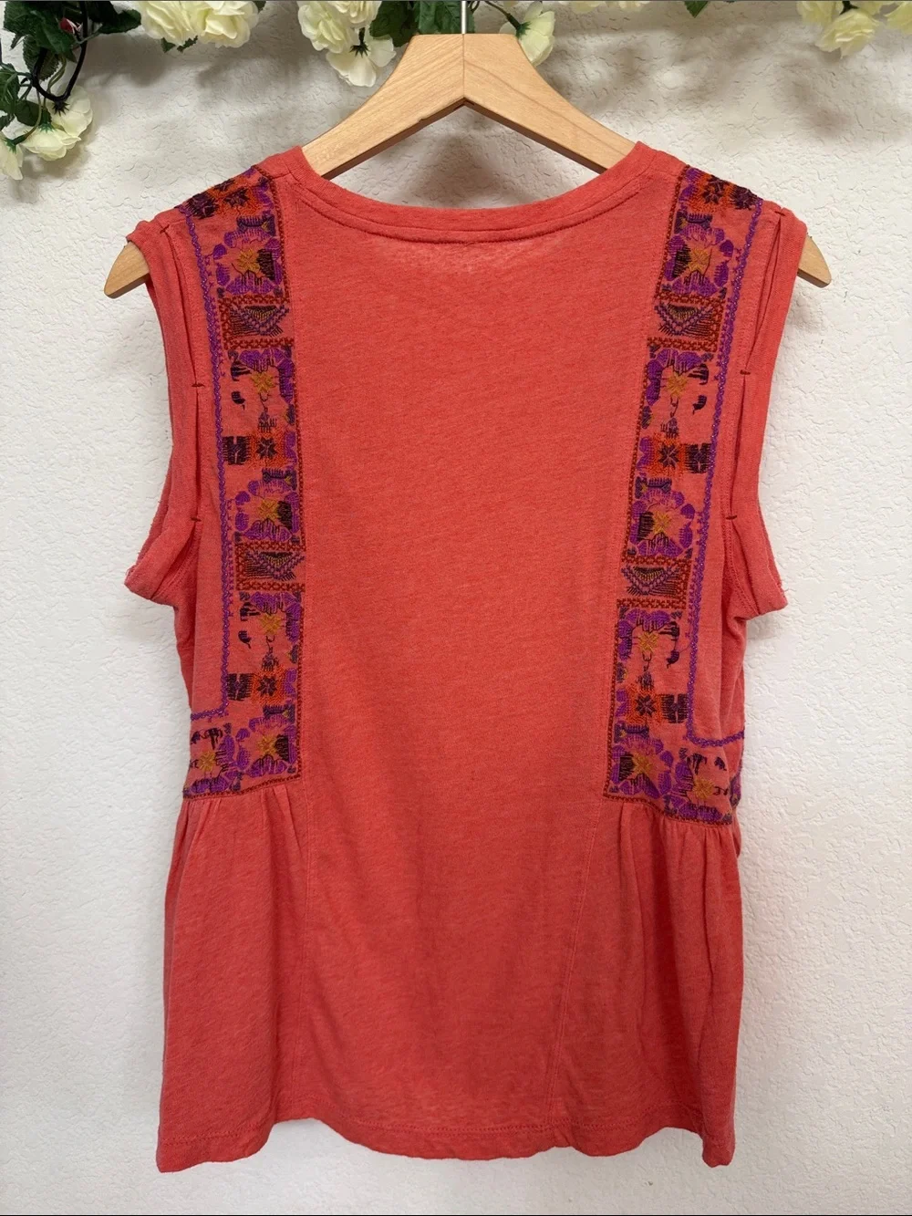 Free People • Vibrant Coral Embroidered Cotton Blend Boho Western Sleeveless Top